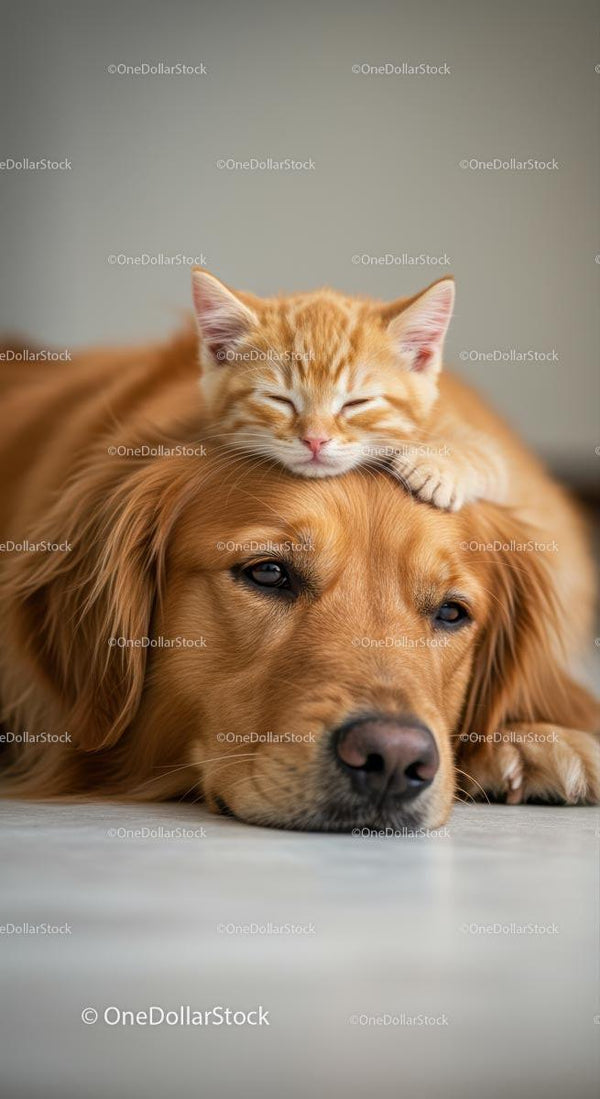 Ginger Kitten Napping on Golden Retriever's Head