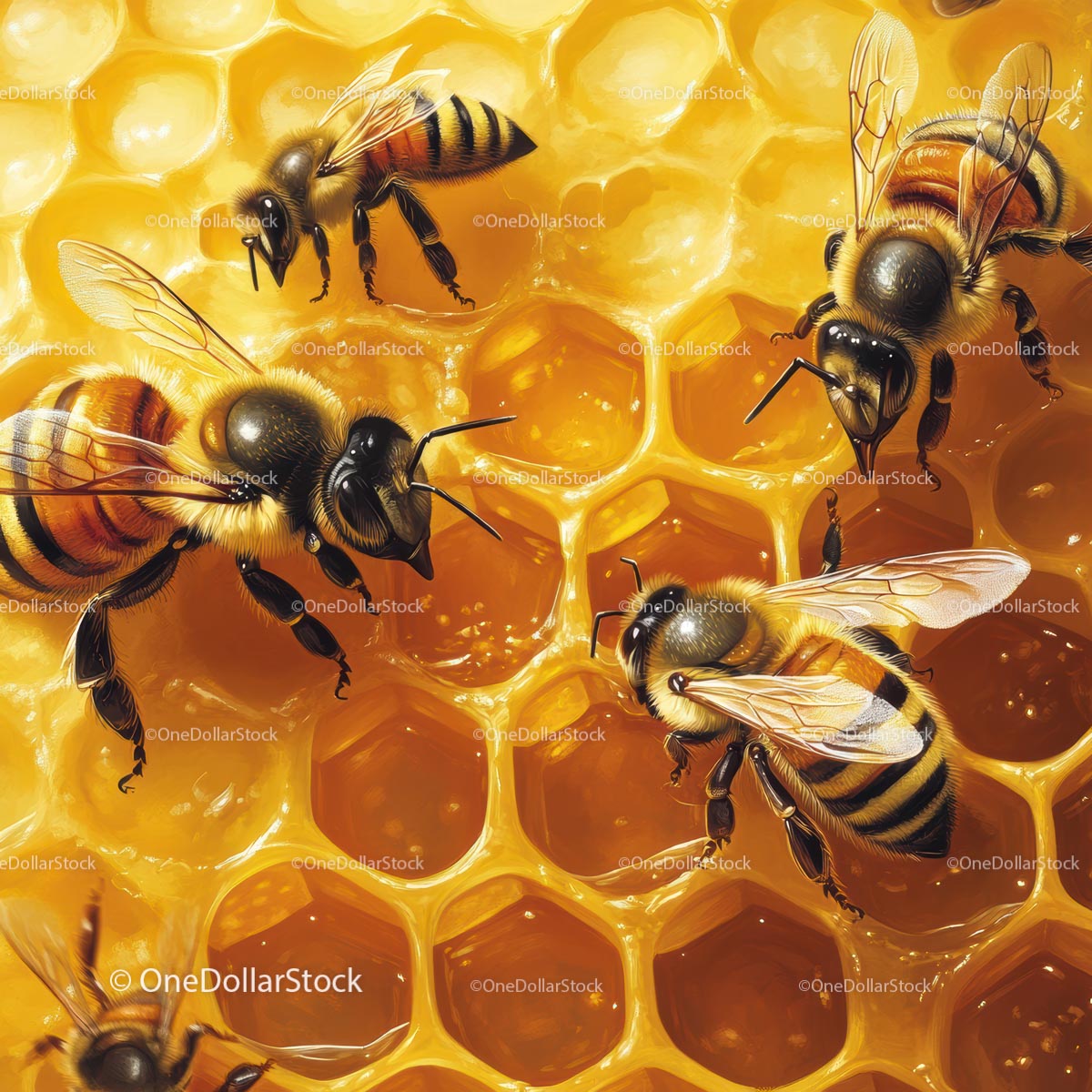 Honey Bees on Golden Honeycomb in Close-Up View