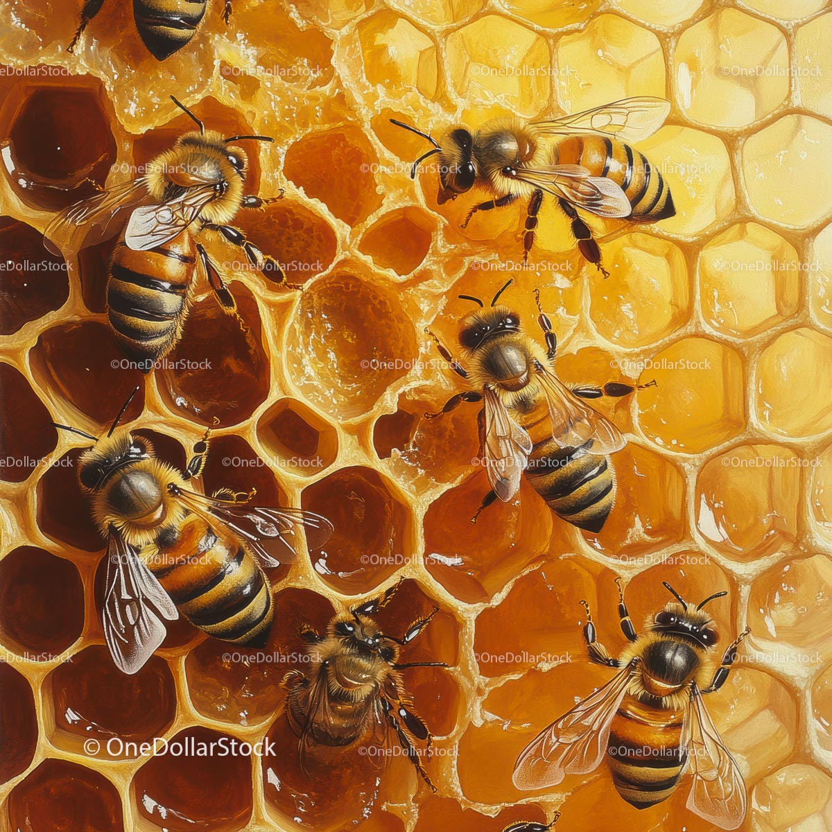 Busy Honey Bees Working on Golden Honeycomb