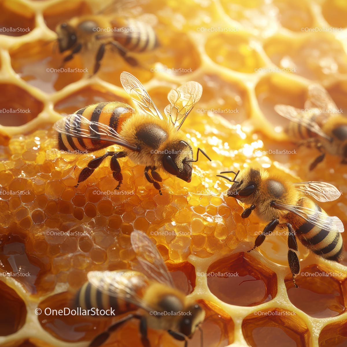 Honey Bees Pollinating on Golden Honeycomb
