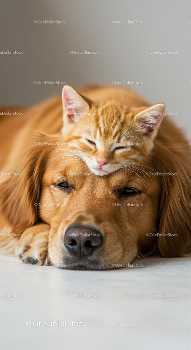 Cute Kitten Sleeping on Golden Retriever's Head