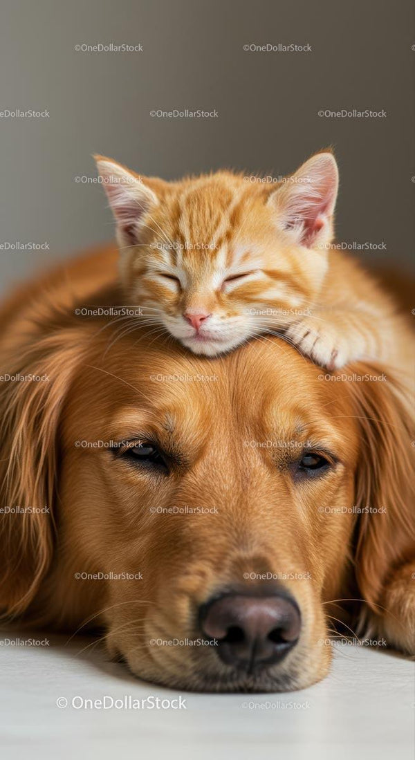 Orange Tabby Kitten Napping on Golden Retriever's Head