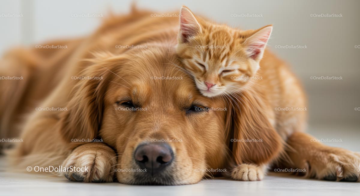 Golden Retriever i rudy kociak śpią spokojnie razem