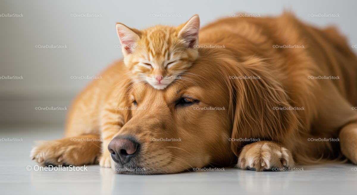 Pomarańczowy pręgowany kotek drzemiący na golden retrieverze
