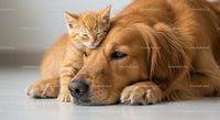 Ginger Kitten Resting on Golden Retriever's Head