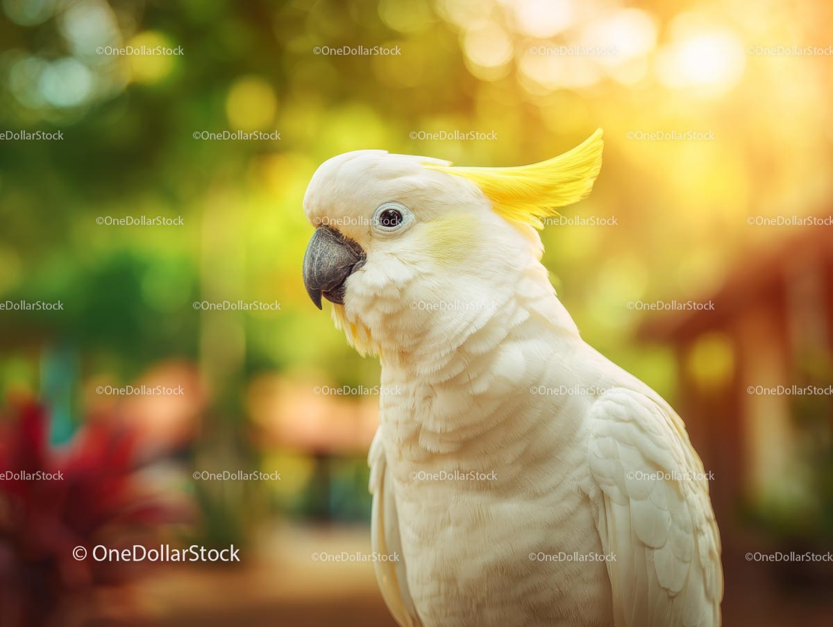 White Cockatoo with Yellow Crest in Lush Greenery