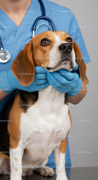 Beagle Dog Examined by Veterinarian in Blue Scrubs