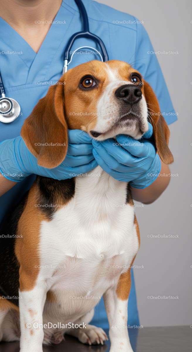 Beagle Dog Examined by Veterinarian in Blue Scrubs