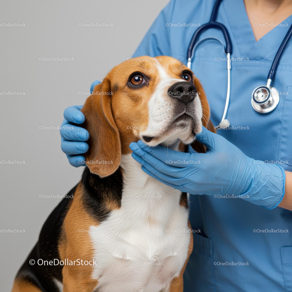 Beagle Dog Being Examined by Veterinarian in Blue