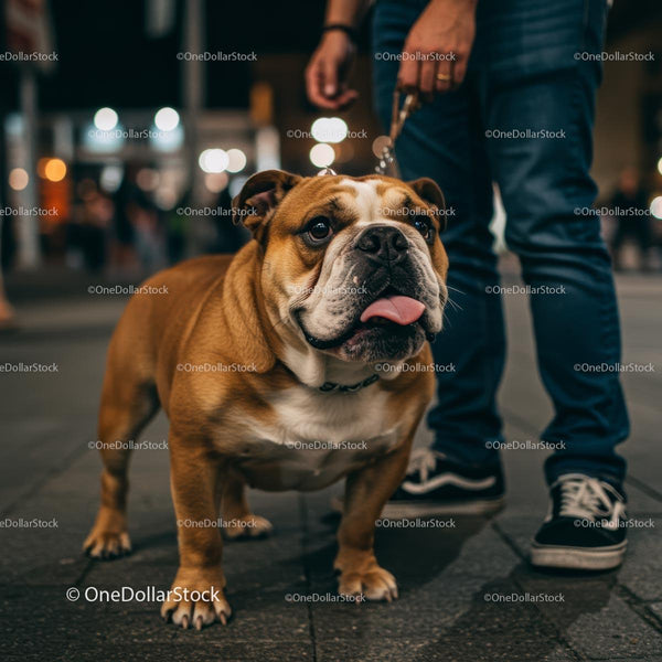 English Bulldog on Leash During Evening City Walk