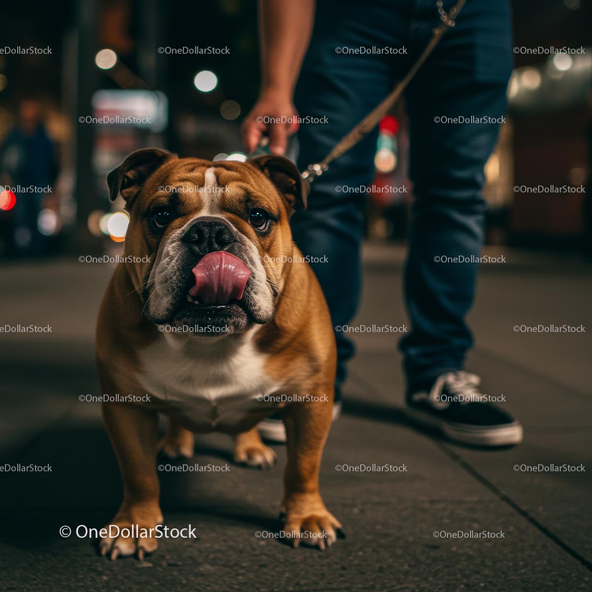 English Bulldog on a Nighttime City Stroll