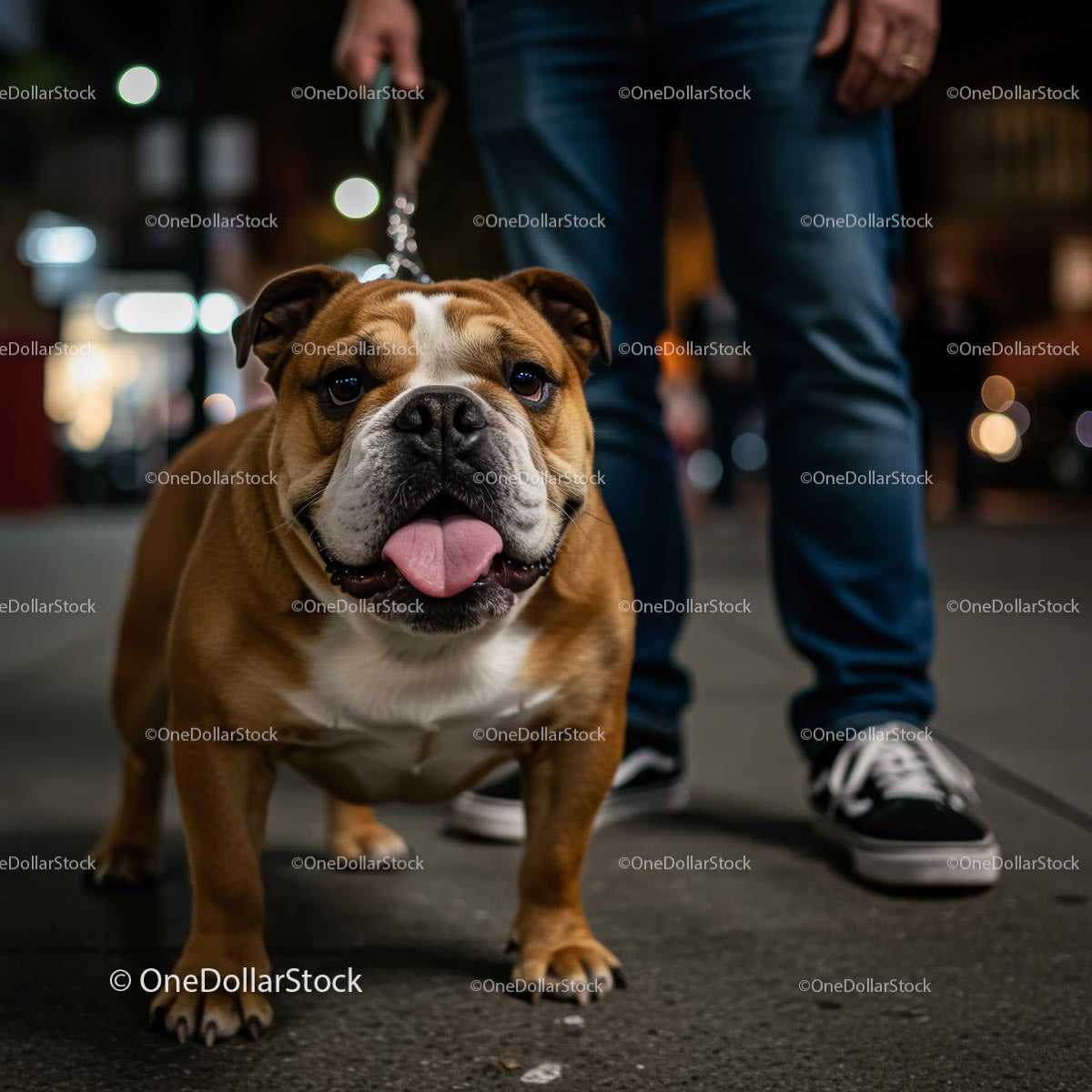 Buldog angielski cieszący się wieczornym spacerem po mieście