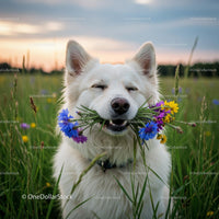White Dog Holding Colorful Wildflowers in a Green Meadow