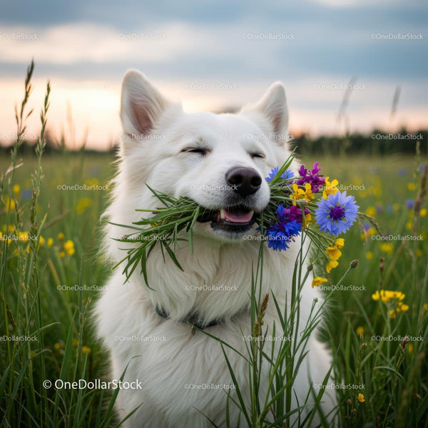 White Dog Enjoying Wildflowers in a Sunny Meadow