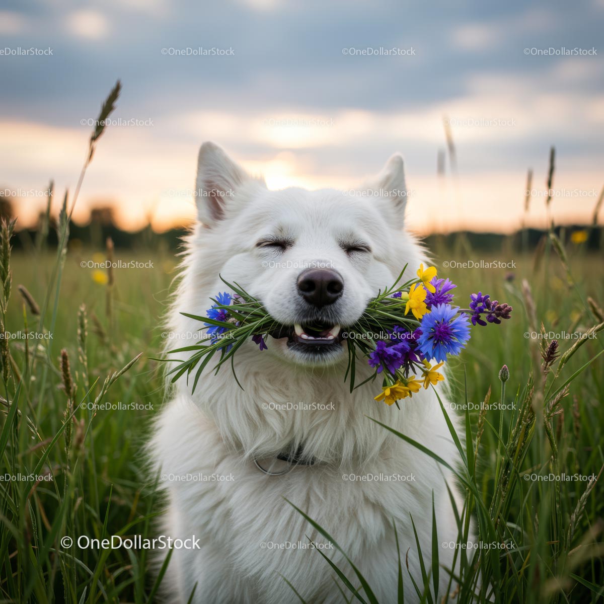 Joyful White Dog Holding Colorful Flowers in Summer Field