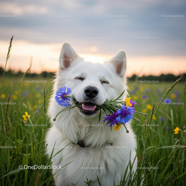 Joyful White Dog with Summer Flowers in Blooming Meadow