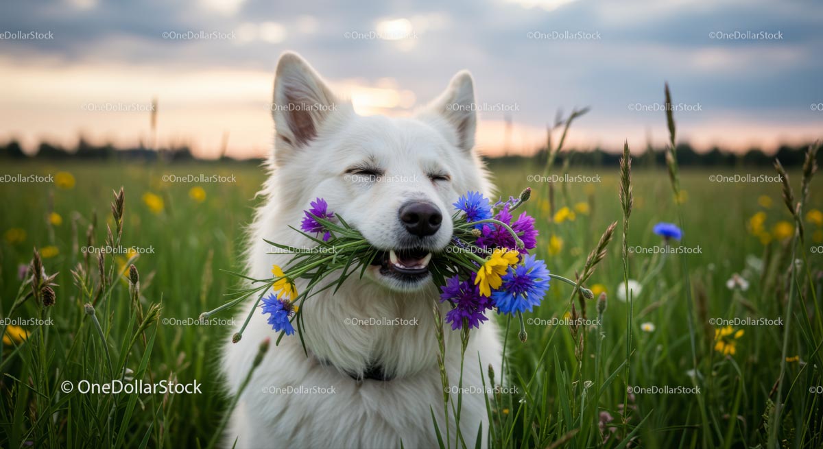 White Dog Enjoying a Bouquet of Wildflowers in a Meadow