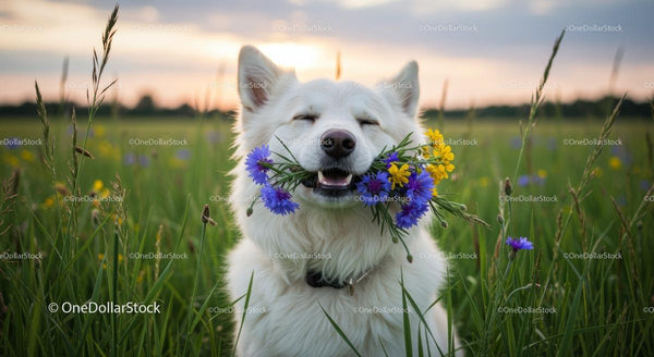 White Dog with Colorful Wildflowers in a Sunny Field