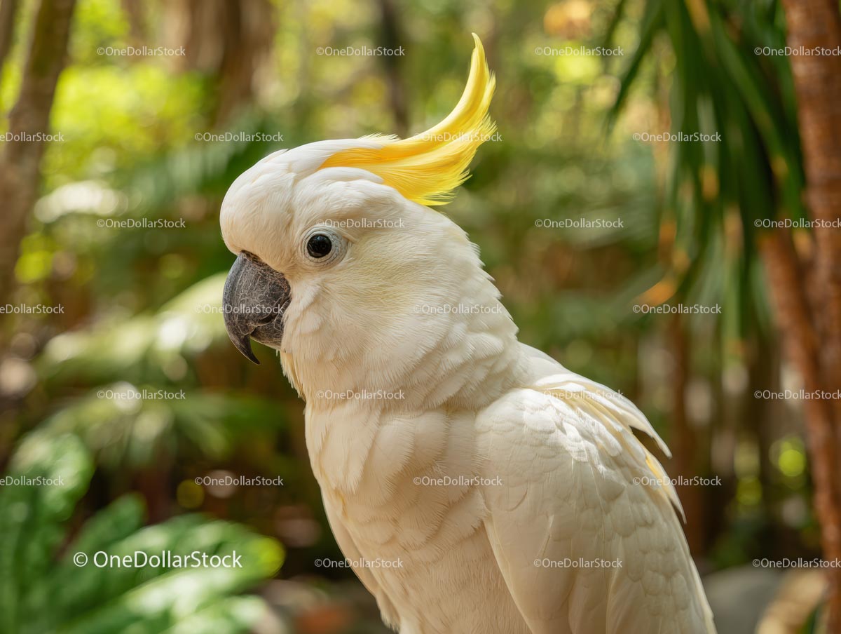 White Cockatoo with Yellow Crest in Lush Greenery