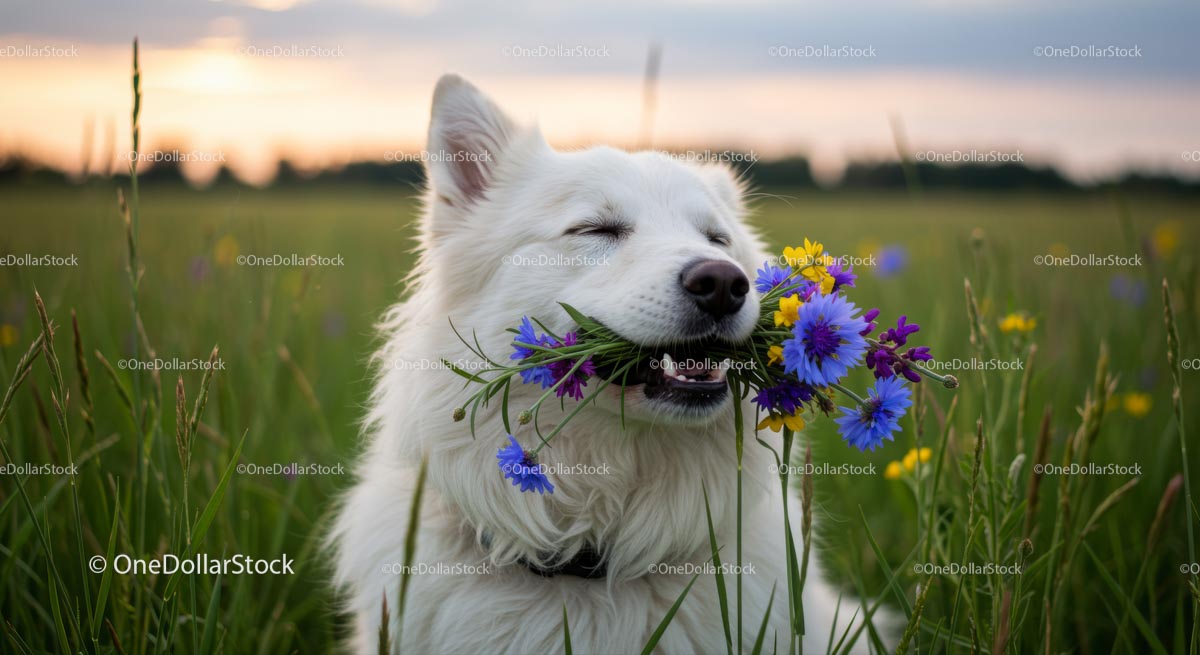 White Dog Enjoying Wildflowers in a Summer Field