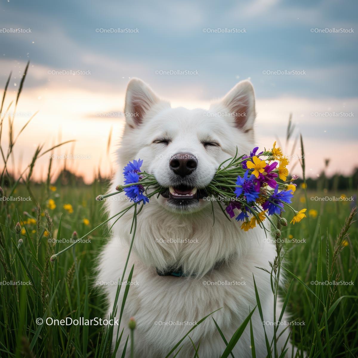 Playful White Dog with Wildflowers in Field at Sunset