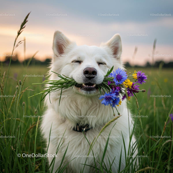 Smiling White Dog Holding Colorful Wildflowers in Field