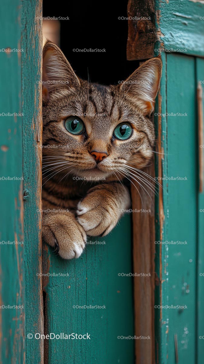 Curious Tabby Cat Peeking Through Rustic Wooden Door