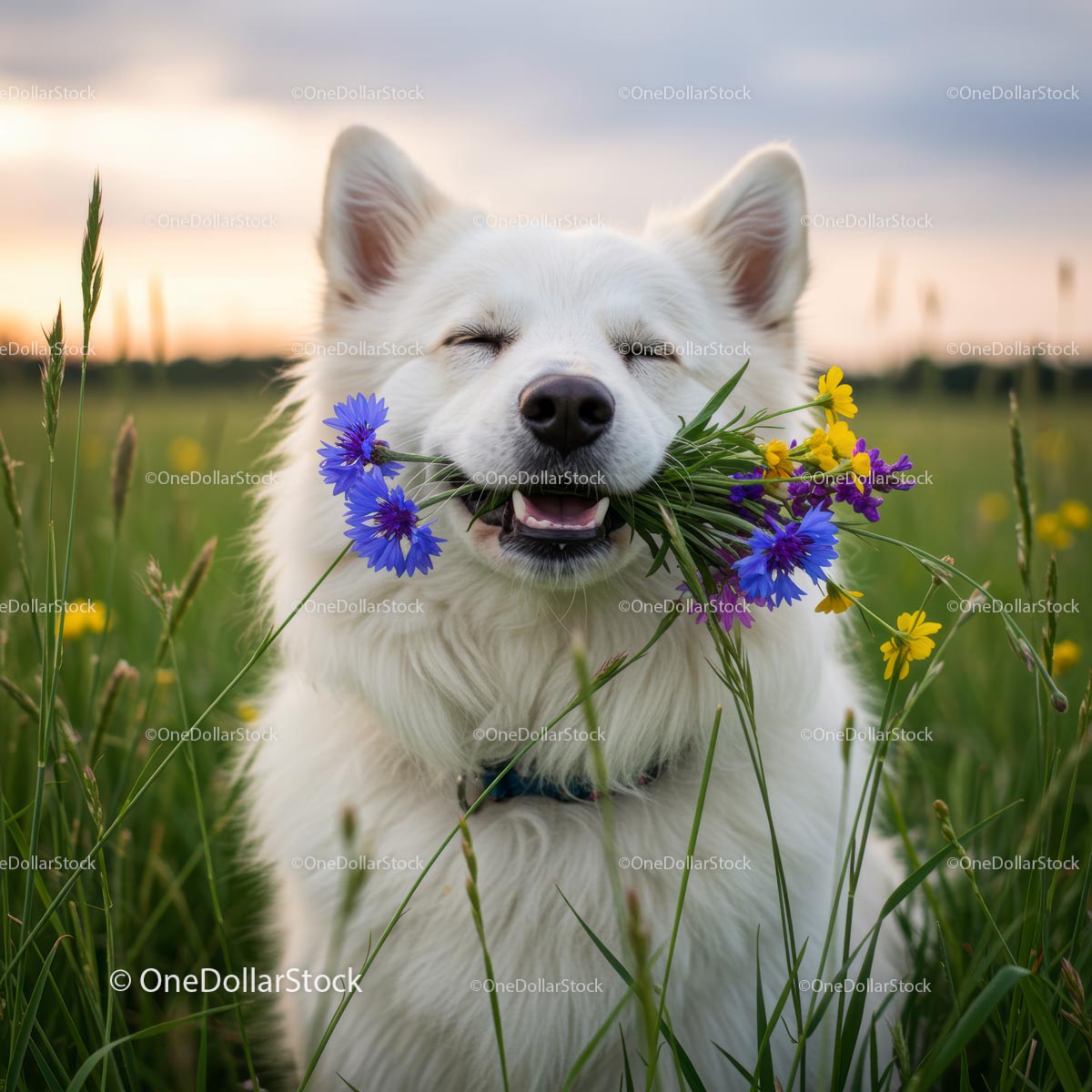 Fluffy White Dog Enjoying Summer in a Flowered Meadow
