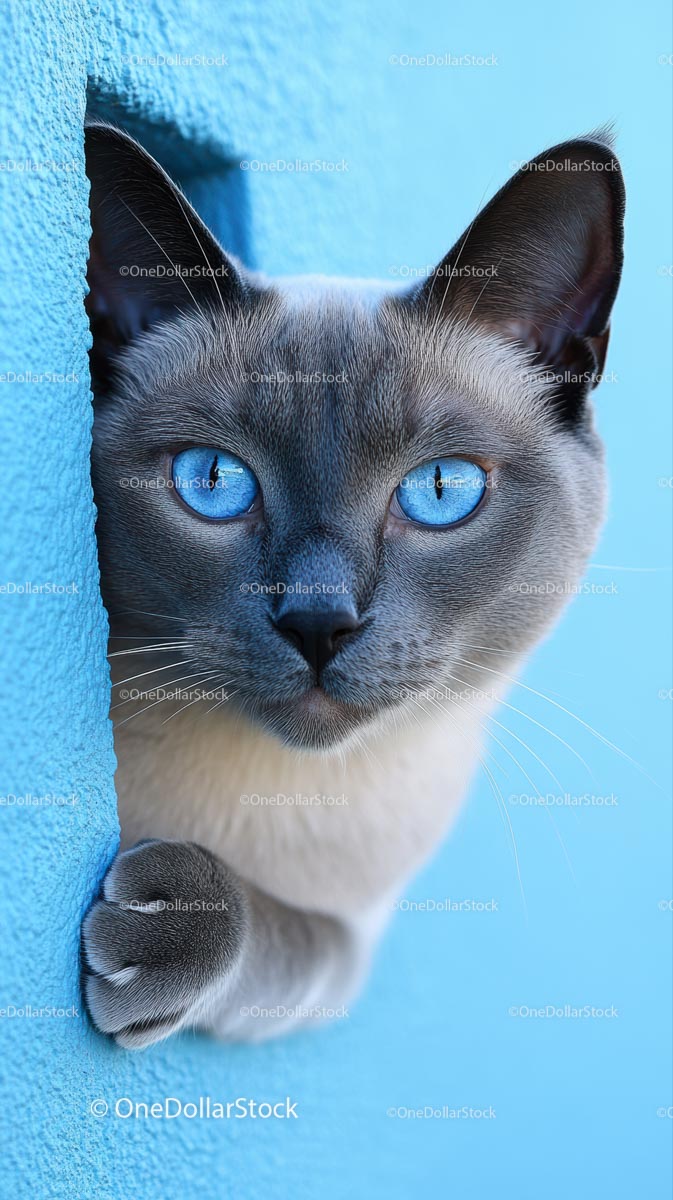 Curious Siamese Cat with Striking Blue Eyes Against Blue Wall