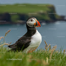Atlantic Puffin Standing on Coastal Grass