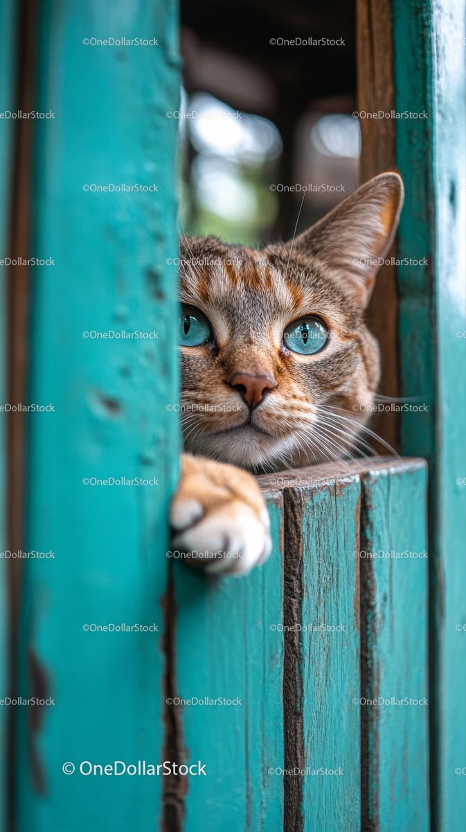 Curious Ginger Cat with Blue Eyes Peeking Through Fence