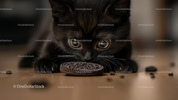Ciekawy czarny kociak badający ciastko Oreo