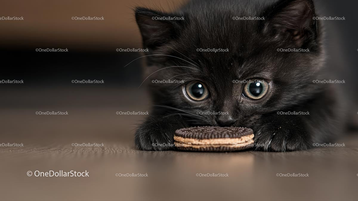 Adorable Black Kitten Curiously Staring at a Cookie