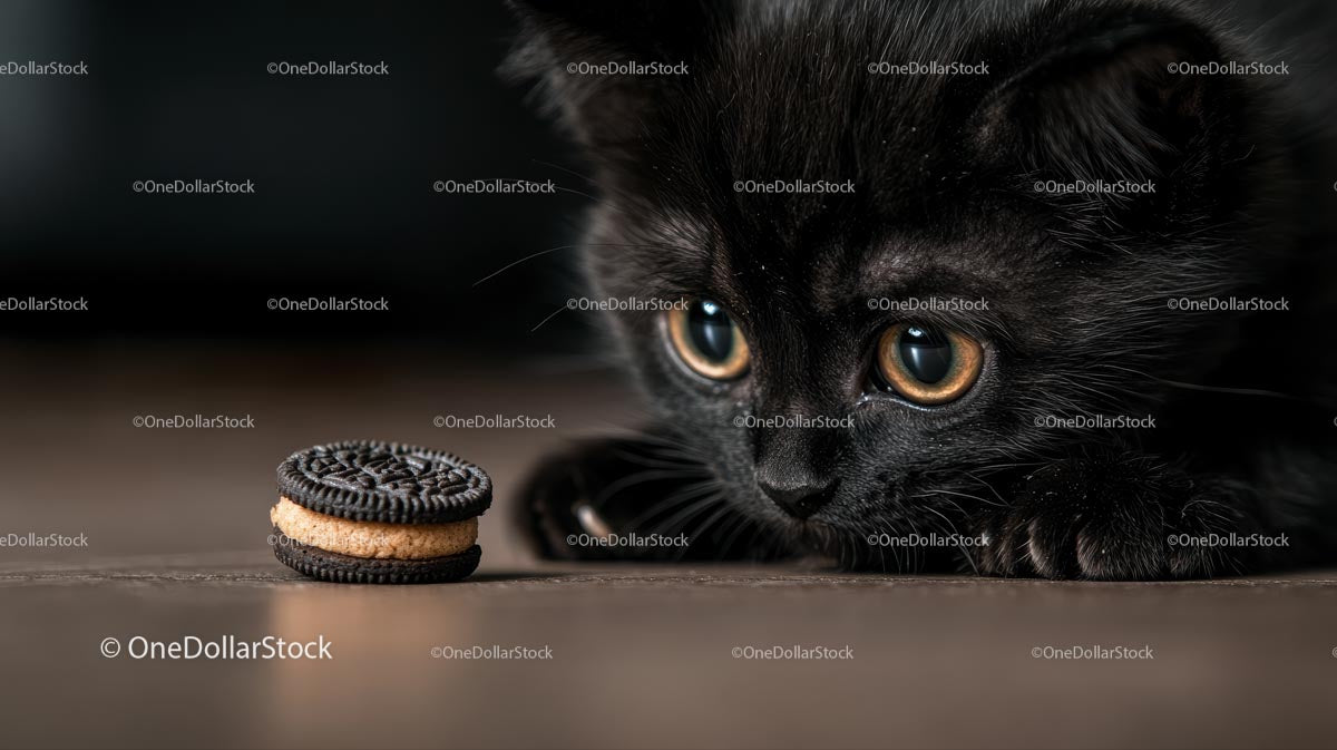 Curious Black Kitten Staring at Chocolate Cookie