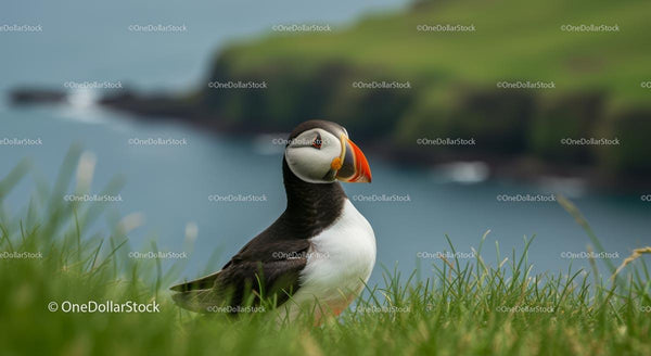 Atlantic Puffin on Coastal Cliff with Ocean View