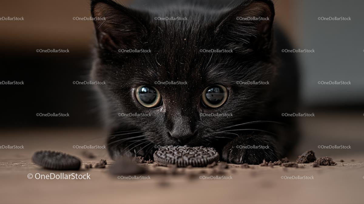 Curious Black Kitten Eyeing Chocolate Cookies