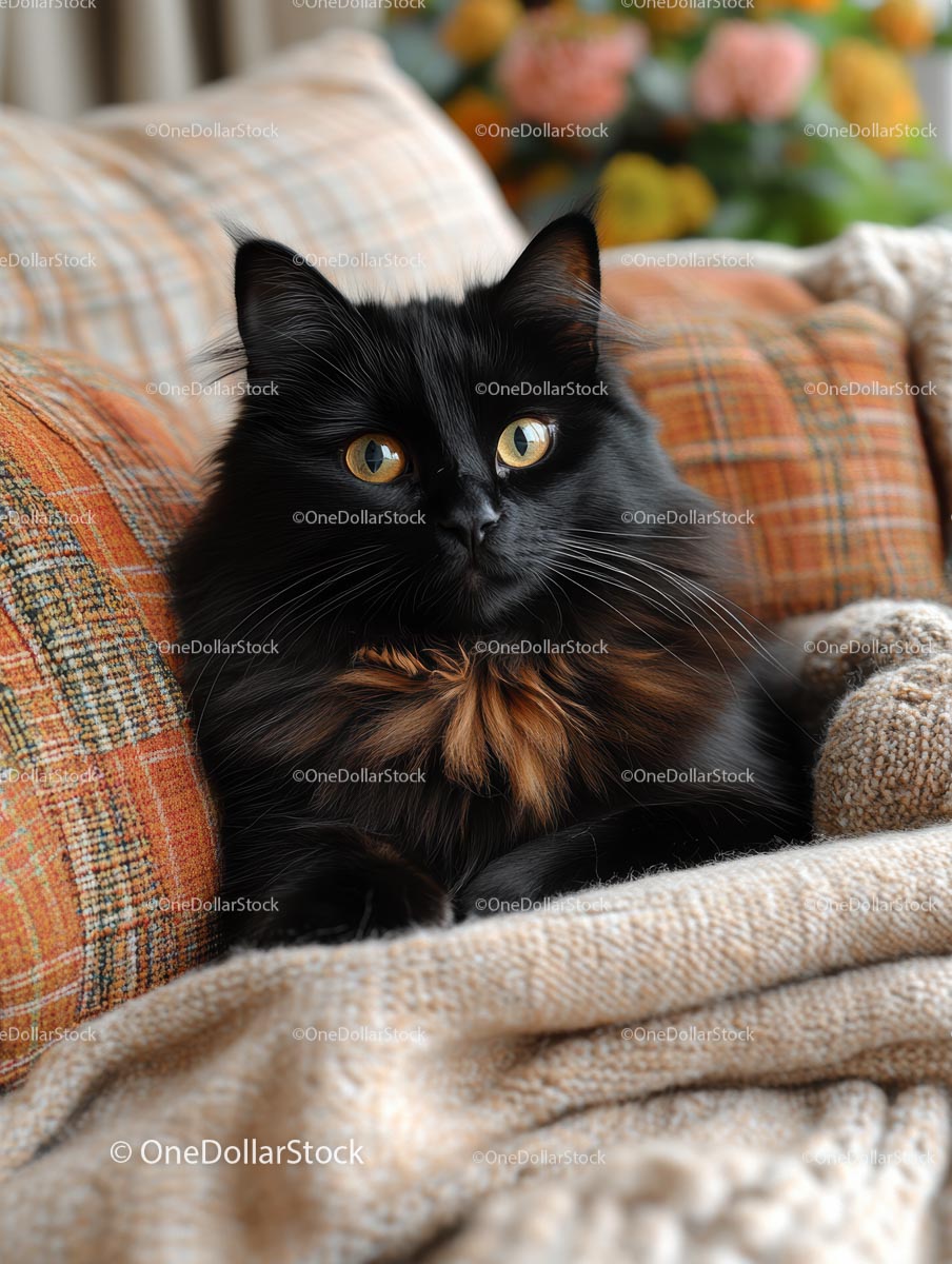 Fluffy Black Cat Relaxing on Cozy Plaid Cushion