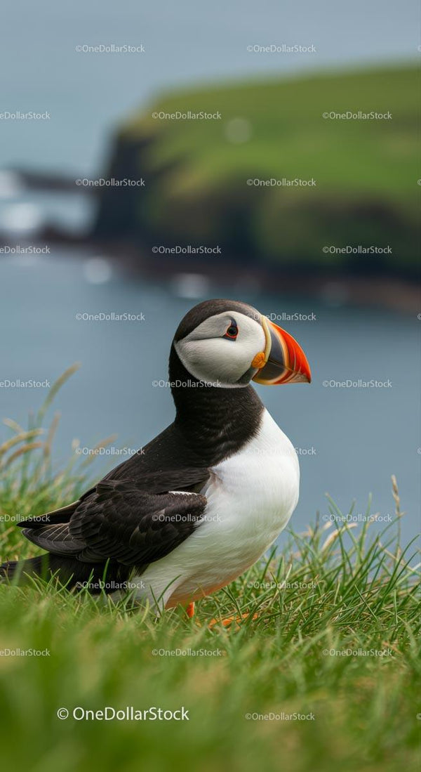 Atlantic Puffin Posing on Grassy Cliff by the Ocean