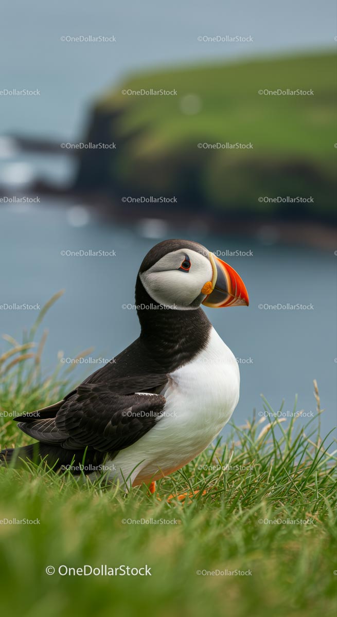 Atlantic Puffin Posing on Grassy Cliff by the Ocean