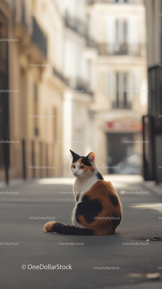 Calico Cat Resting on Quiet City Street