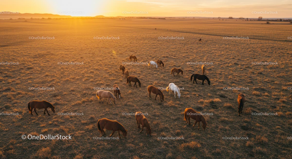 Herd of Horses Grazing at Sunset on Open Fields