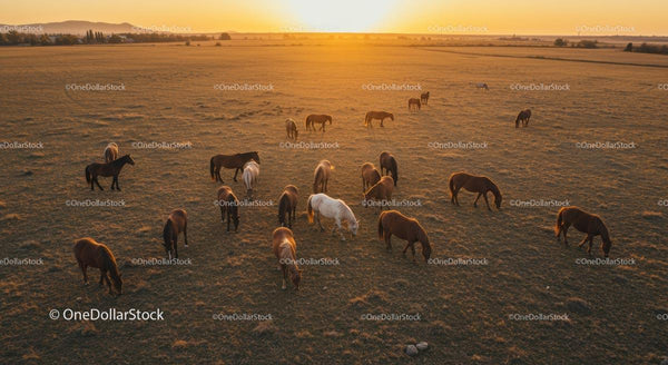 Herd of Horses Grazing at Sunset in Open Pasture