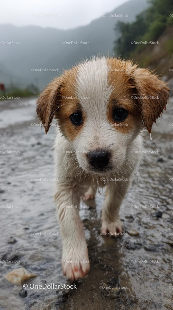 Adorable Wet Puppy Exploring on a Rainy Day