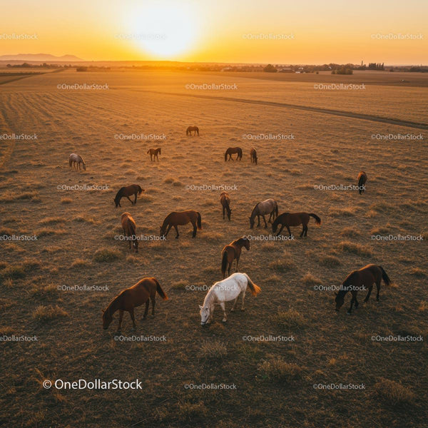Herd of Horses Grazing at Sunset in Countryside Field