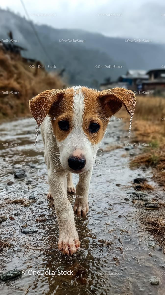 Adorable Wet Puppy Walking on a Muddy Path