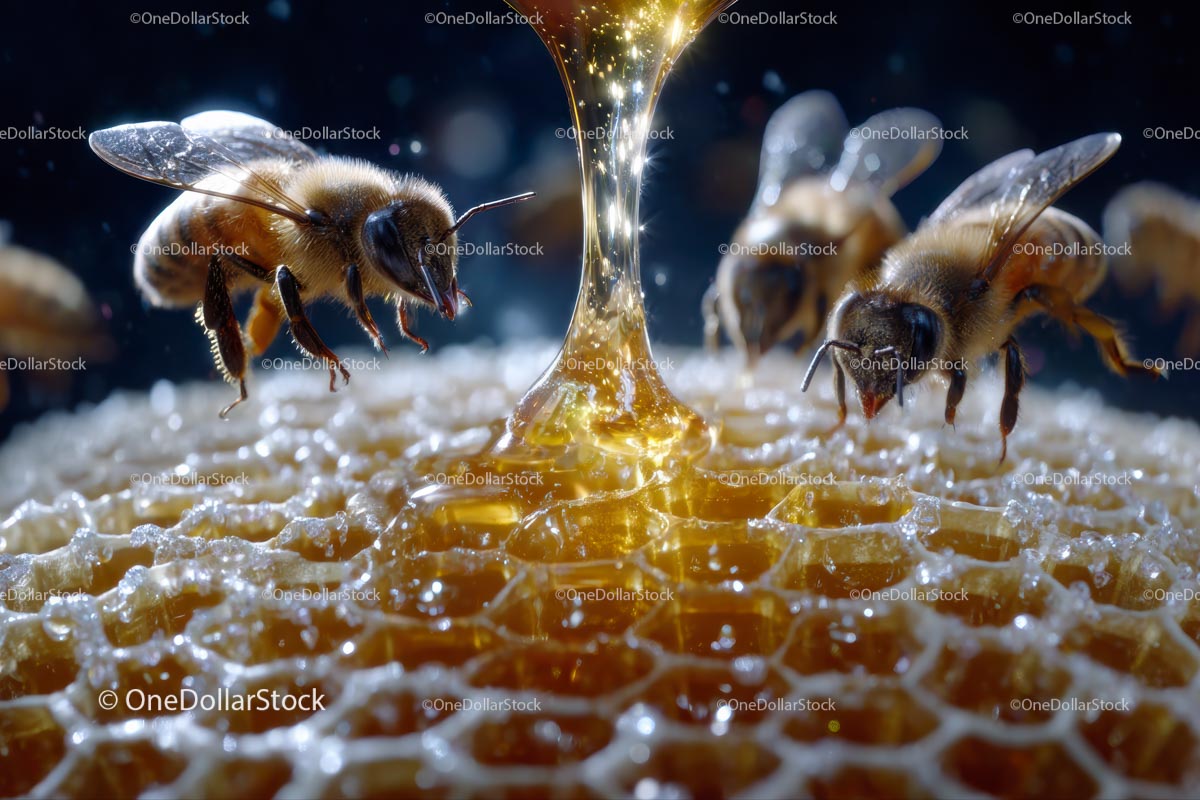 Busy Honey Bees on Golden Honeycomb