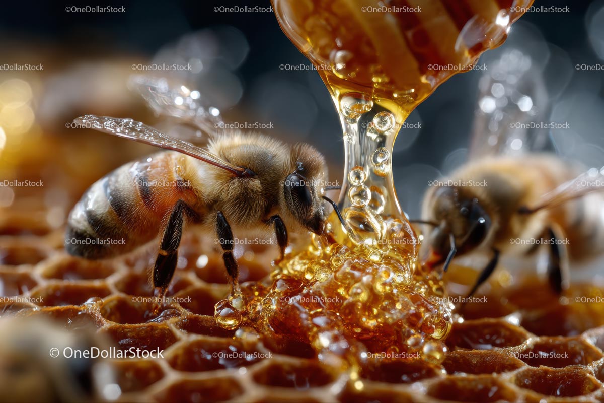Honeybee Collecting Fresh Golden Honey from Honeycomb