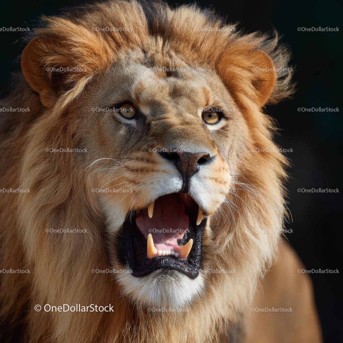 Majestic Lion with Roaring Expression in Wildlife Close-Up
