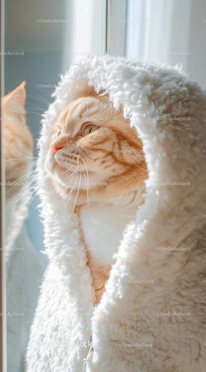 Ginger Cat in Fluffy Hood Basking in Sunlight