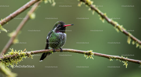 Hummingbird Perched on Mossy Branch in Forest